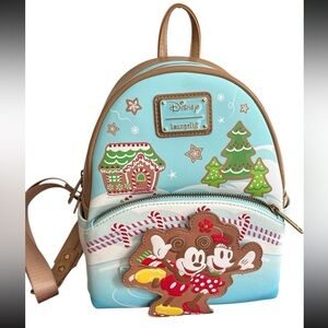 Loungefly Mickey & Minnie Holiday Ice Skating Gingerbread Scented Backpack NWT